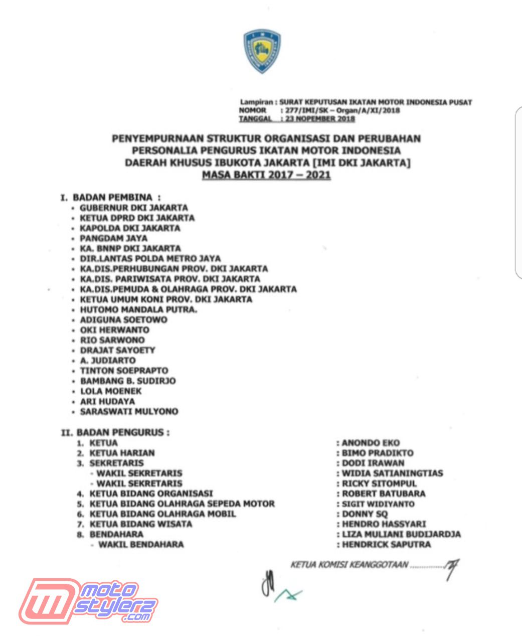 Susunan Pengurus Pengprov IMI DKI