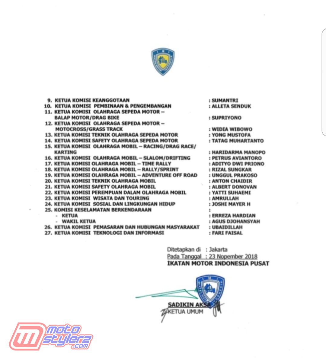 Susunan Pengurus Pengprov IMI DKI