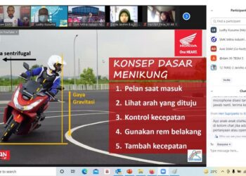 DAM_001, 003: Asep Wawan (Instruktur Safety Riding DAM) sedang menjelaskan konsep dasar menikung dan postur berboncengaan yang benar dan nyaman kepada peserta webinar.