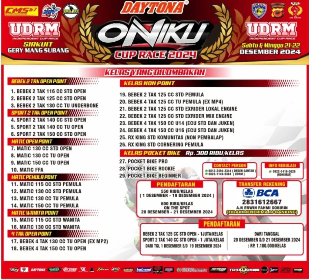 ONIKU Cup Race by UDRM Hadiahnya Menggoda (Subang) 21-22 Des 2024